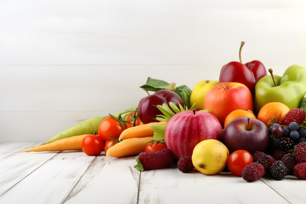 Uma pilha de frutas e legumes em uma mesa de madeira branca