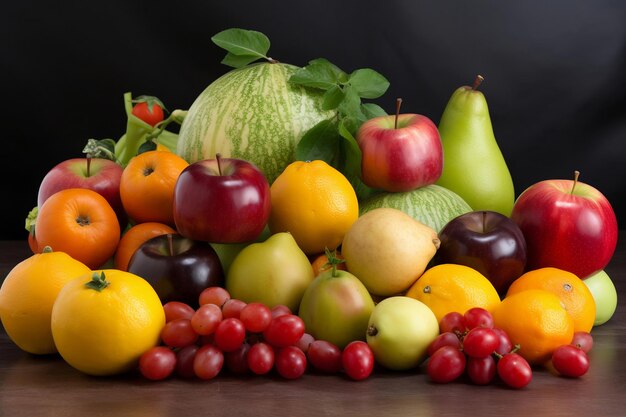 Uma pilha de frutas em uma mesa