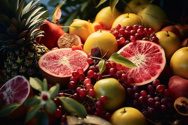 uma pilha de frutas, incluindo romã, romã e romã.