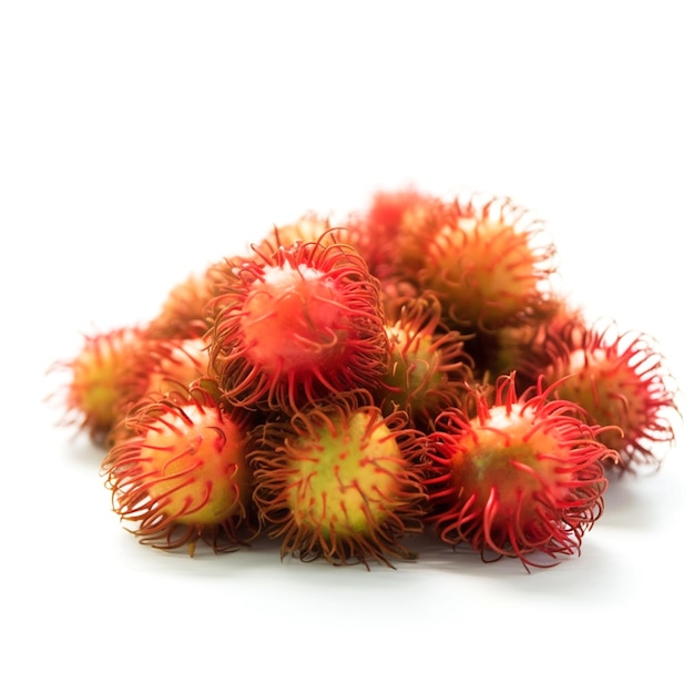 Uma pilha de frutas vermelhas com a palavra rambutan