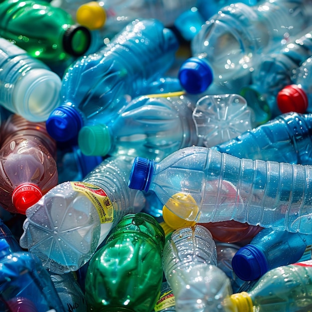 Foto uma pilha de garrafas de plástico com um rótulo amarelo e azul
