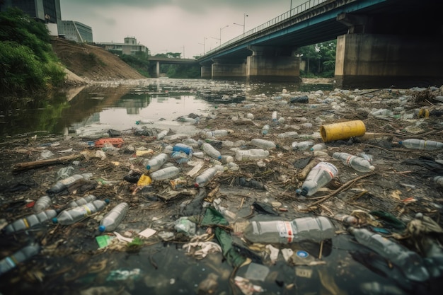 Uma pilha de garrafas de plástico descartadas e resíduos