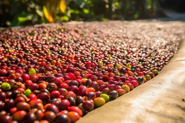 Uma pilha de grãos de café em uma esteira