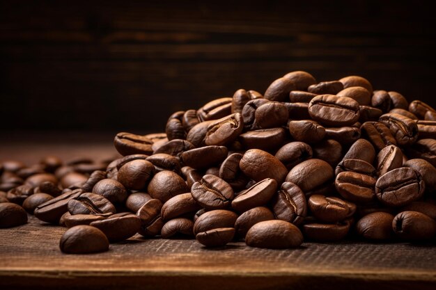 Uma pilha de grãos de café em uma madeira rústica