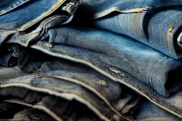 Foto uma pilha de jeans azul com uma flor no fundo