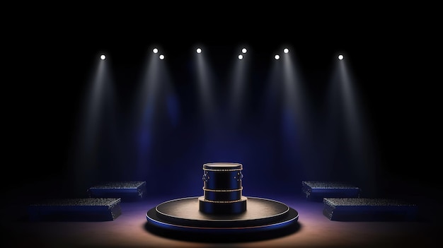 Uma pilha de juízes está em um palco com uma fileira de luzes no lado esquerdo.
