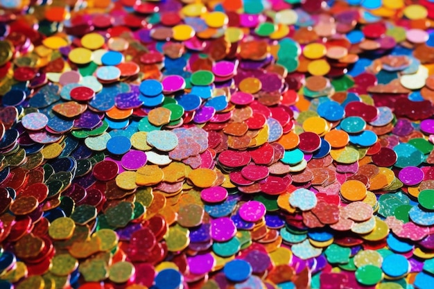 Uma pilha de lantejoulas coloridas é mostrada sobre uma mesa.