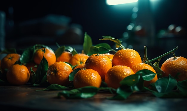 Uma pilha de laranjas em uma mesa com fundo escuro