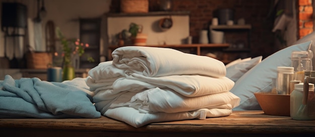 Uma pilha de lençóis recém-lavados é vista no fundo de uma lavanderia aparecendo