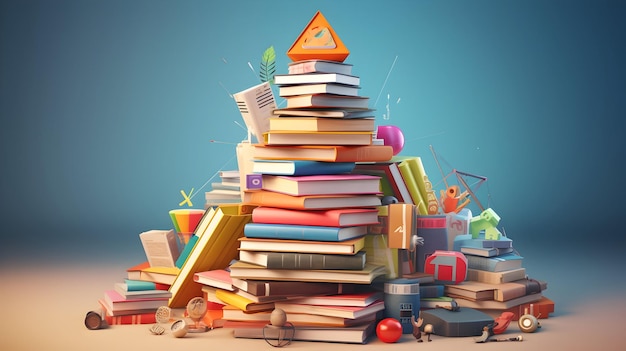 Uma pilha de livros coloridos com ícones educacionais flutuando ao redor