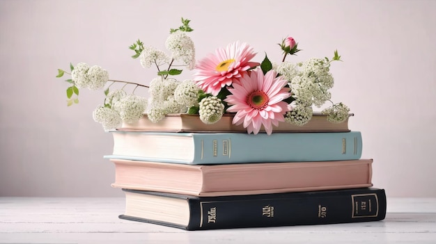 Uma pilha de livros com flores