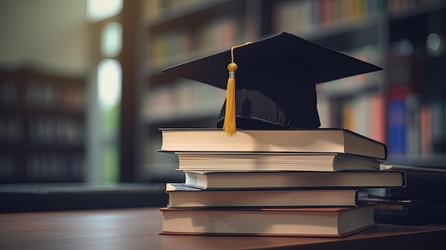 Uma pilha de livros com um chapéu de formatura em cima