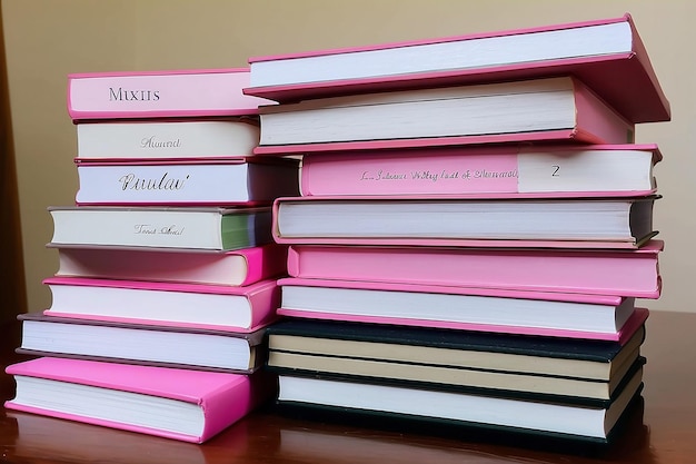 Uma pilha de livros com um rotulado com um cartão rosa em cima