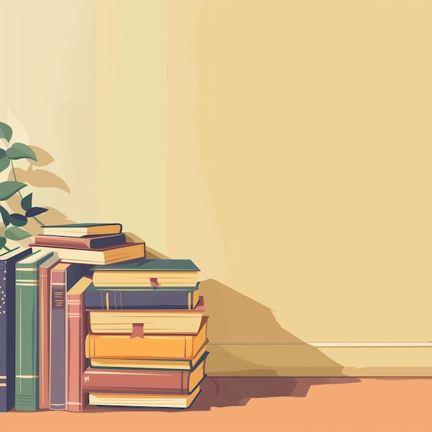 uma pilha de livros com uma planta no canto