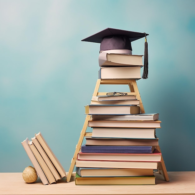 uma pilha de livros com uma tampa de graduação em cima dele