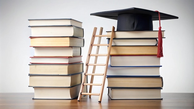 uma pilha de livros com uma tampa de graduação