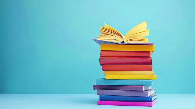 Uma pilha de livros de capa dura em cores brilhantes do arco-íris contra um fundo azul O livro de cima está aberto