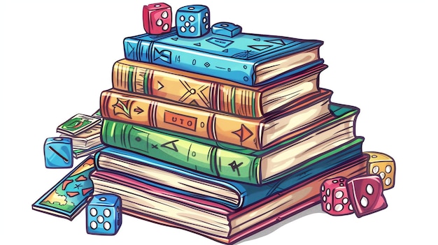 Foto uma pilha de livros de várias cores com dois dados de jogo vermelhos e dois azuis em cima
