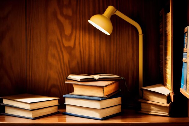 Uma pilha de livros e uma lâmpada de mesa em um fundo de parede de madeira