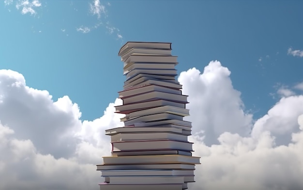 Foto uma pilha de livros está no céu e as nuvens são azuis.