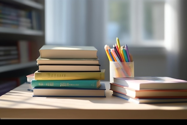 Uma pilha de livros fechada em uma mesa de estudo Vista frontal pilha de livros Pilha de livros coloridos na mesa de estudo