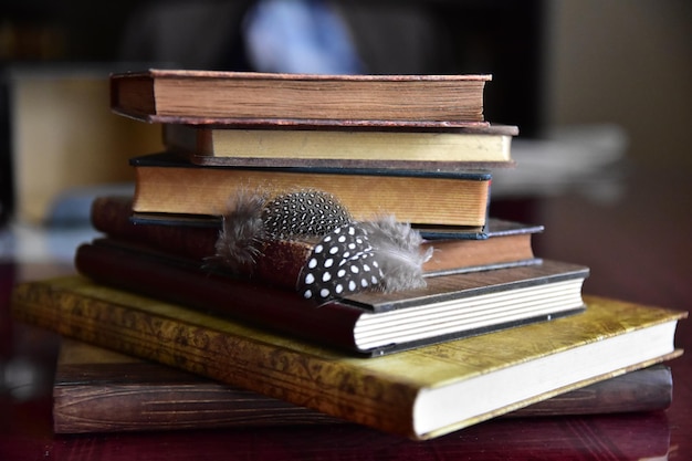 Uma pilha de livros na mesa.