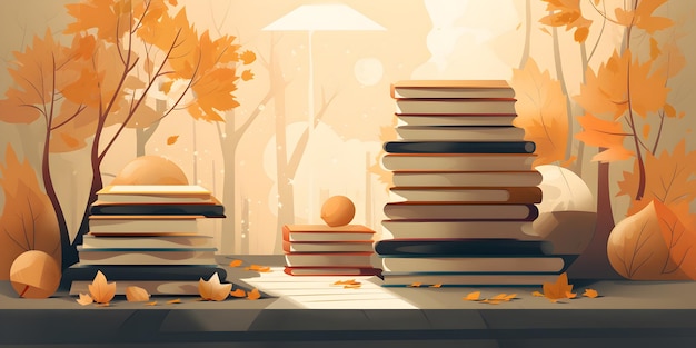Uma pilha de livros no contexto de um parque de outono gerado por IA