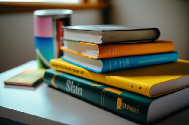 Uma pilha de livros perto de uma mesa de estudo Livro de pilha de vista frontal Pilha de livros coloridos na mesa de estudo