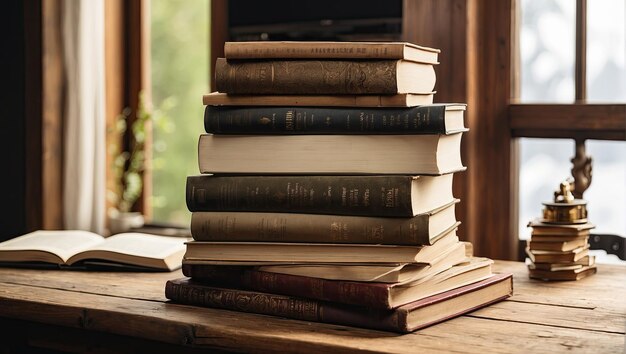 uma pilha de livros sentados em cima de uma mesa de madeira