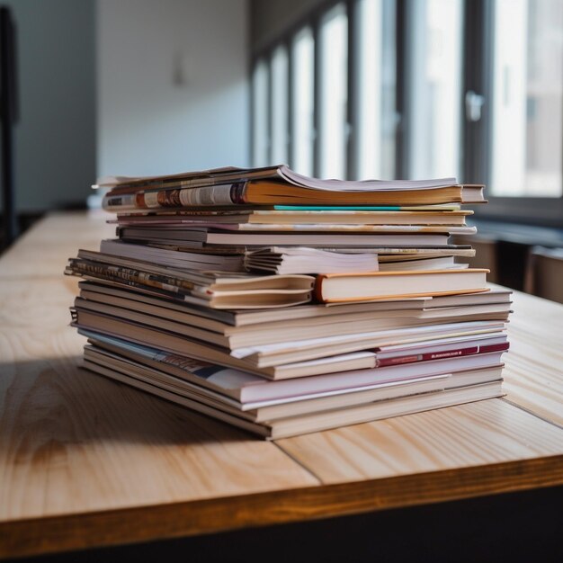 Uma pilha de livros sobre uma mesa com uma janela atrás deles.