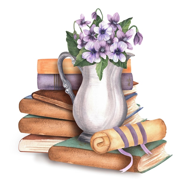 Uma pilha de livros, uma jarra de prata com um buquê de violetas e um pergaminho de papel, aquarela desenhada à mão.