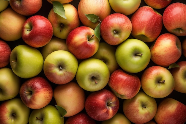 Uma pilha de maçãs com folhas verdes sobre eles