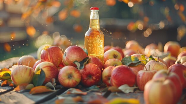 Uma pilha de maçãs com uma garrafa de cidra orgânica da colheita de outono