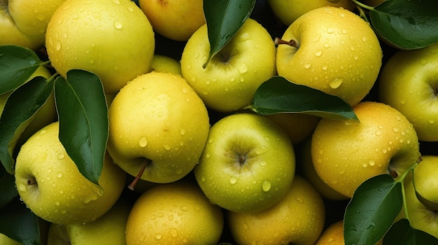 Uma pilha de maçãs frescas com folhas verdes.