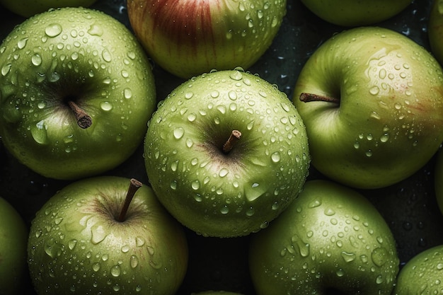 Uma pilha de maçãs verdes com gotas de água sobre elas