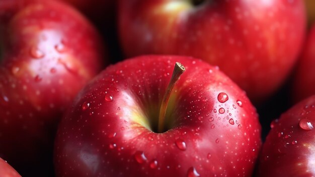 Uma pilha de maçãs vermelhas com gotas de água