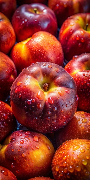 uma pilha de maçãs vermelhas e amarelas com gotas de água sobre elas