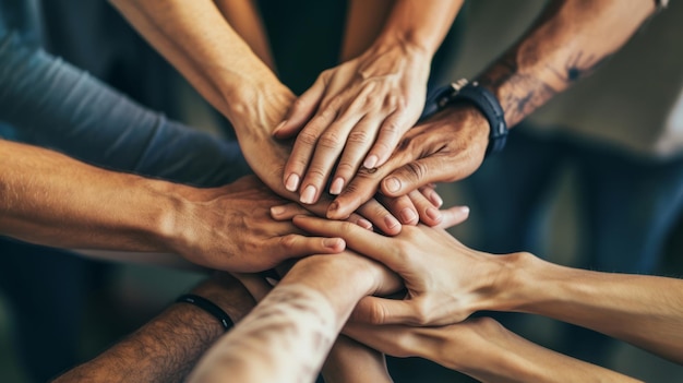 Uma pilha de mãos mostrando unidade e trabalho em equipe