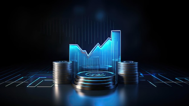 uma pilha de moedas com fundo azul com um gráfico que diz "gráfico".