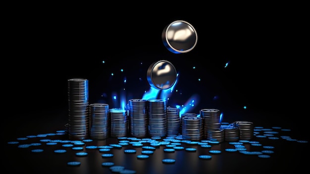 uma pilha de moedas com fundo azul e uma bolha com uma nota de dólar no meio.