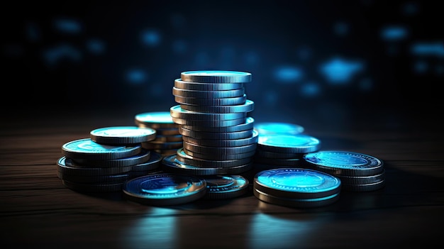 uma pilha de moedas com luz azul