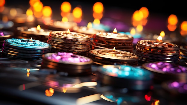 uma pilha de moedas com uma vela acesa ao fundo.