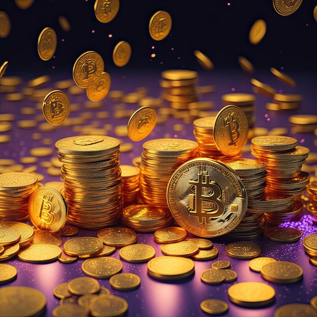 uma pilha de moedas de ouro bitcoin brilhantes