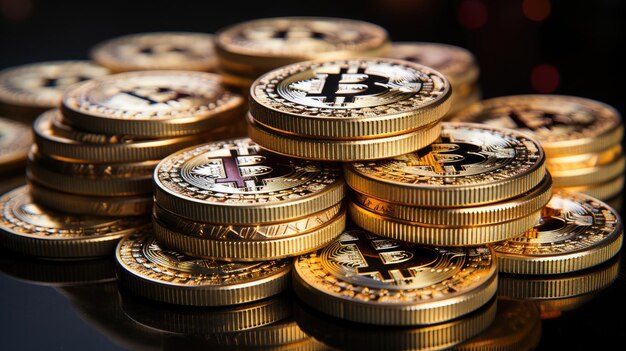 uma pilha de moedas de ouro bitcoin fundo HD Generative Ai