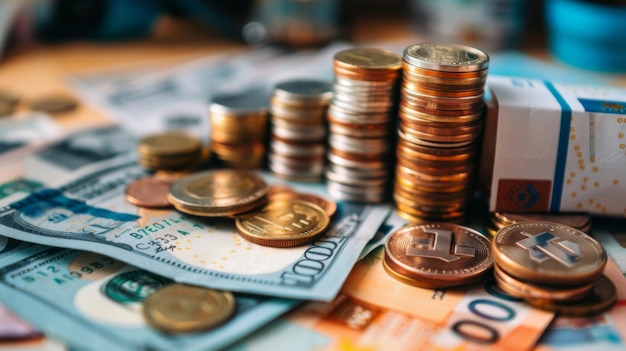 Uma pilha de moedas e notas dispostas cuidadosamente em uma mesa, simbolizando poupança de riqueza e estabilidade financeira