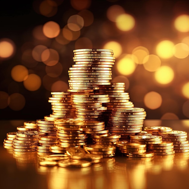 Foto uma pilha de moedas em um fundo dourado