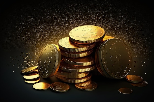 Uma pilha de moedas em um fundo escuro iluminada dramaticamente