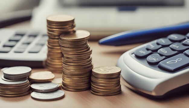uma pilha de moedas em uma mesa com uma calculadora no fundo