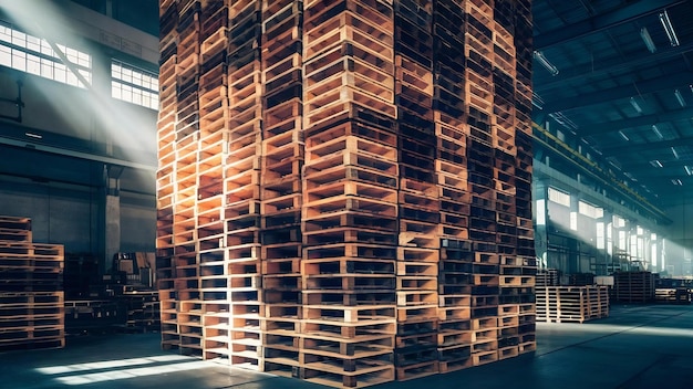 Uma pilha de paletes de madeira no armazém