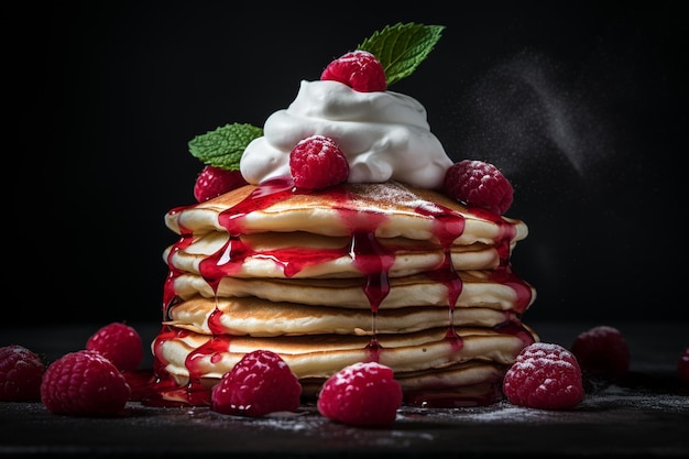 Uma pilha de panquecas caseiras cobertas com molho de framboesa e creme batido gerado